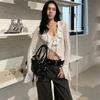 European and American Style Summer New Women's Clothing Pure Lust Ruffle V-neck Lace Long-sleeved Lace-up Drawstring Top