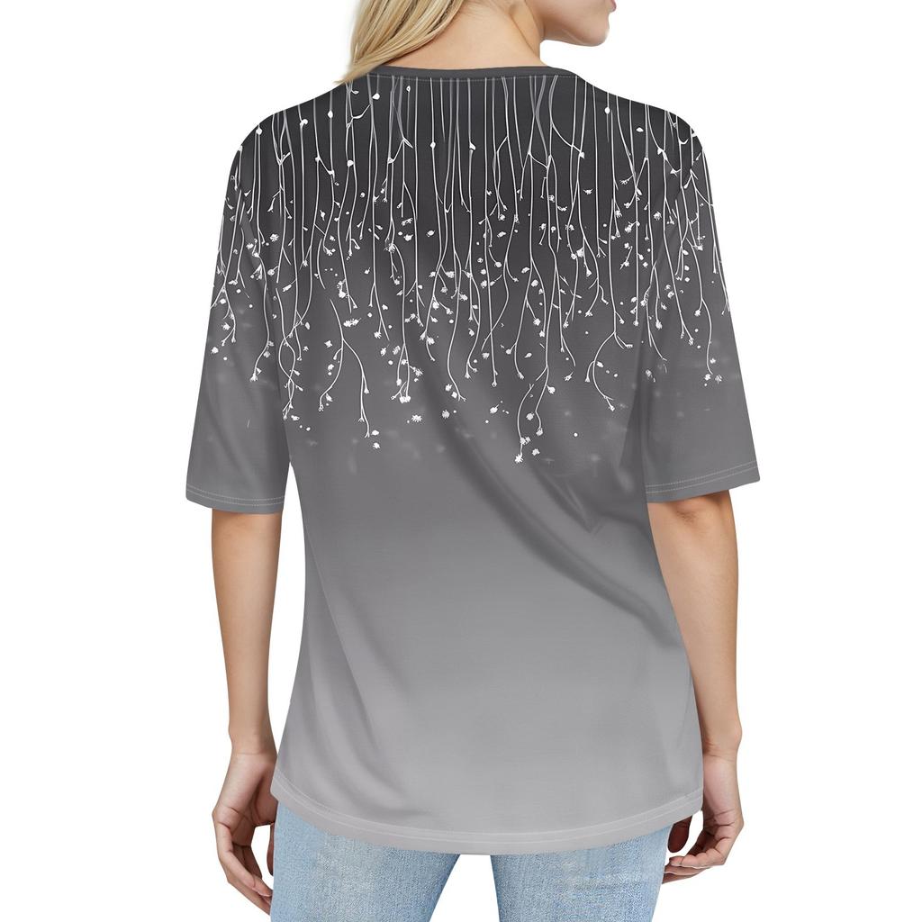 Shirts For Women Trendy Round Neck Button T Shirts Printed  Blouse Half Sleeve Tops For Women