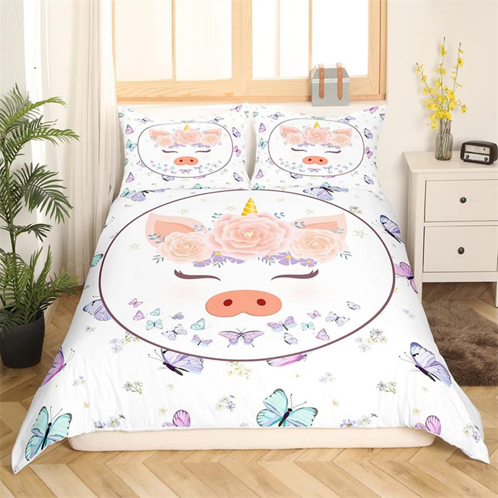 Cartoon Cute Pink Pig Duvet Cover for Children Boys Girls Microfiber Pigs Floral Cartoon Farm Animals Theme Bedroom Decorations