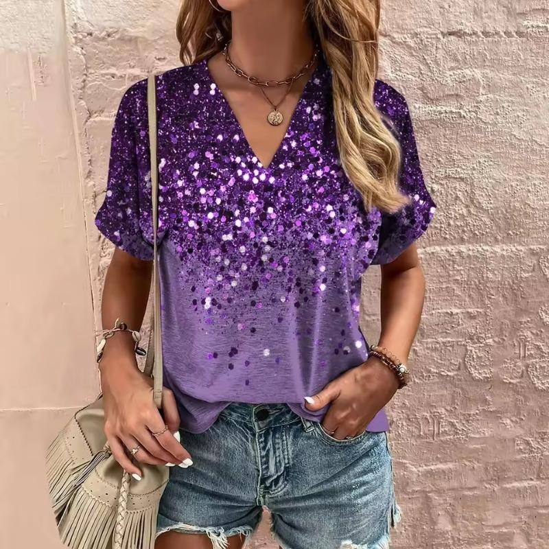 

Женская футболка с V-образным вырезом, летняя модная футболка с коротким рукавом, блестящая повседневная 3D-футболка, женский свободный топ оверсайз, пуловер, одежда L