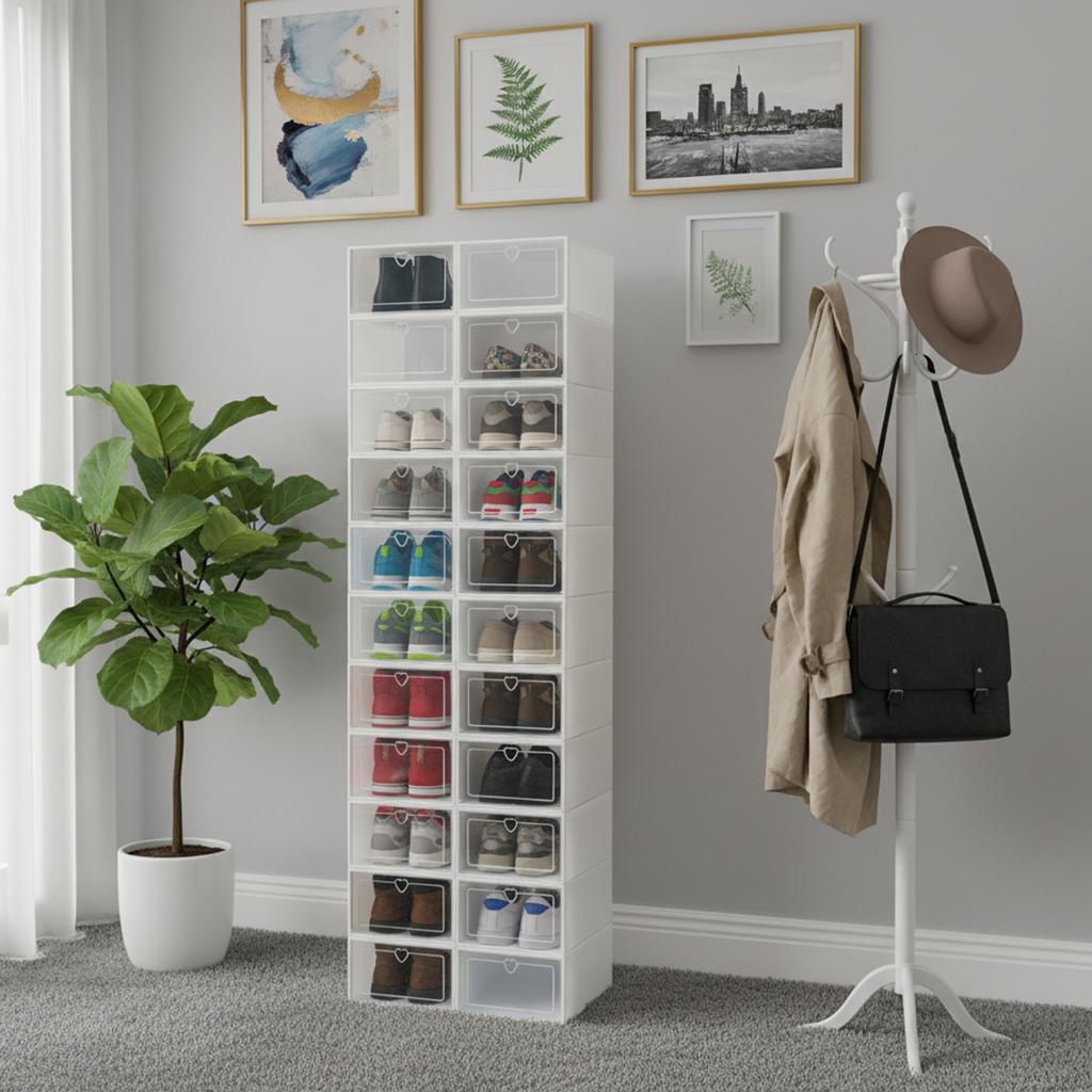 Bymaocar 20 Stück Faltbare Rechteckige Schuhbox Organizer, Stapelbare Klare Kunststoff-Schuhaufbewahrungsbox Organisation Freies Stapeln