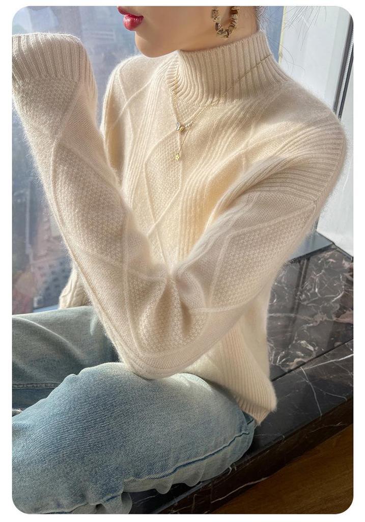 100% Pure Wool Women's Diamond Pattern Half-High Neck Sweater