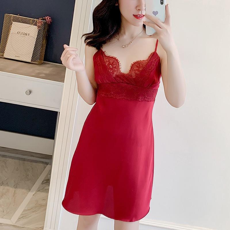 Sexy pajamas women's ice silk summer thin style with chest pad suspender lace nightdress lace back new model