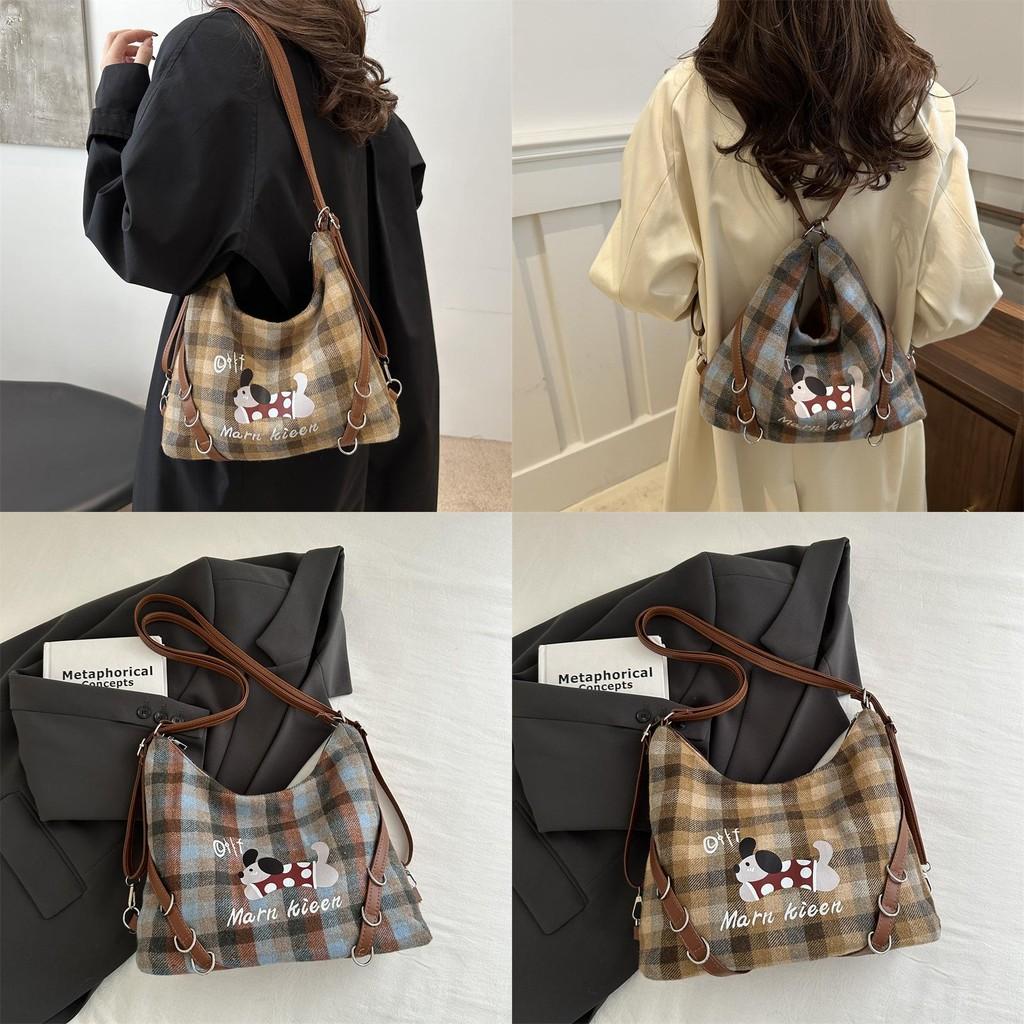 Letters Kieen Marn Cotton Tote Bag Plaid Pattern Soft Structure Work Travel