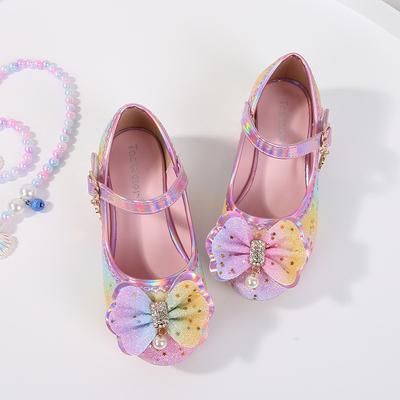 Girls High-heeled Princess Shoes Aisha Children's Single Shoes Rainbow Bow Shoes Little Girl Rhinestone Classmate Spring and Autumn Models