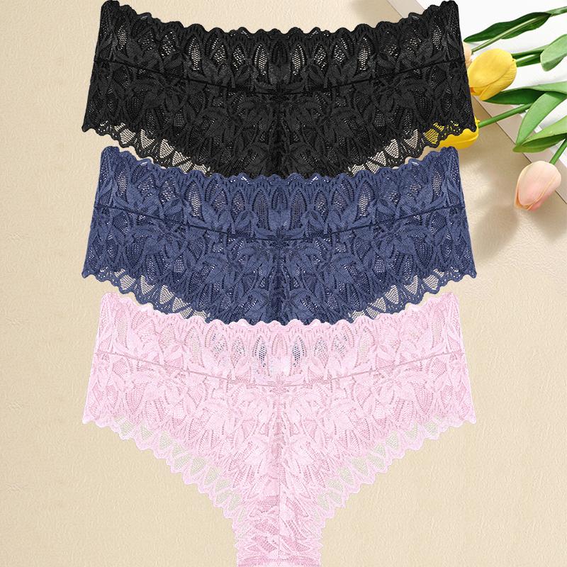 3PCS/Set Women Floral Lace Panties Sexy Perspective G-String High Waist Underpants Female Breathable Intimates Lingerie