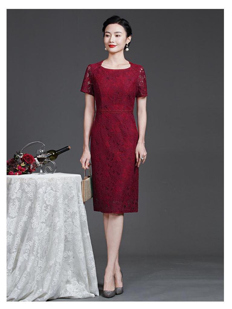 Summer 2023 Wine Red Lace Dress with Seven-Sleeve for Elegant Young Mothers