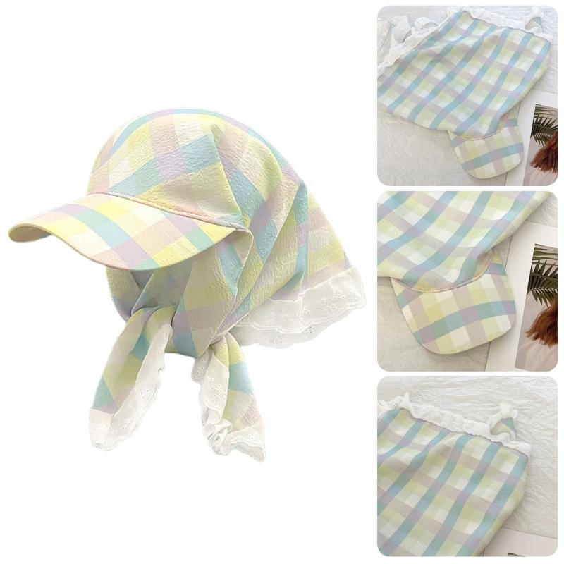 Simple Plaids Head Wrap Hat for Women Soft Lace Trims Headscarf Hat for Female Teens Daily Wear and Social Gatherings