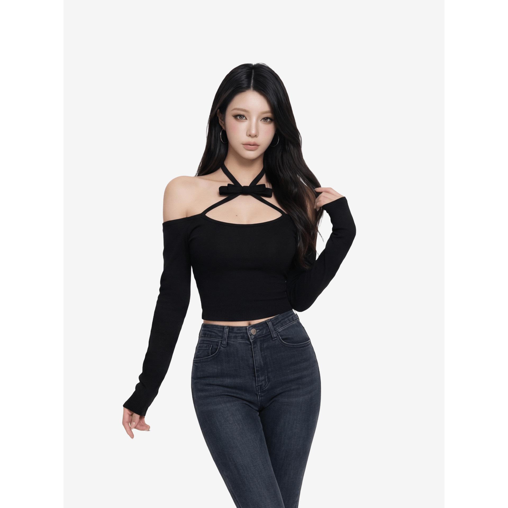 Korean Style Off-shoulder Bow Tie Long Sleeve T-shirt - Slimming Casual Top for Women S чёрный