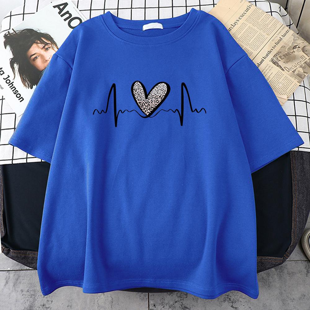Fluctuating Leopard Heart Electrocardiogram T-Shirt Women Summer Soft Clothing Short Sleeve Plus Size Cotton Tshirts