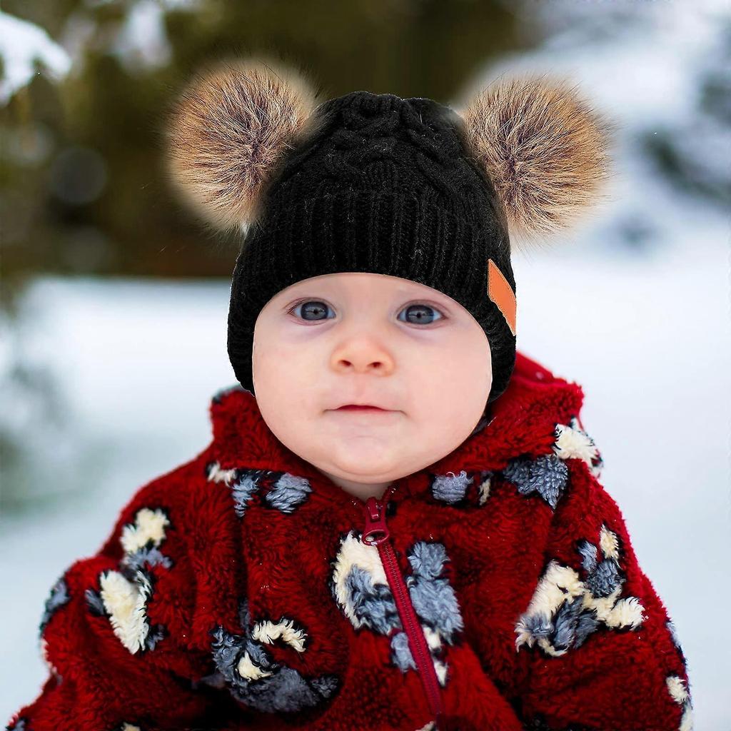 3 Pieces Kids Knitted Woolen Hat Winter Warm Pom Pom Beanie Cap Knit Hat with Detachable Pom for 1-3 Years Old Girls Boys