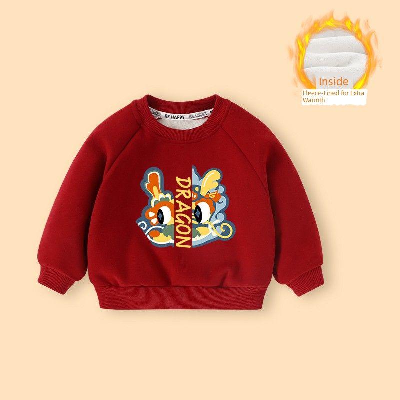Baby Fleece-Lined Red Sweatshirt Winter Wear Thickened Festive New Year Boys' Top Children's New Year Greeting Clothes for Girls