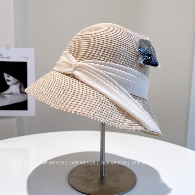 Zart und elegant Hepburn-Stil Perlgarn gefaltet Fischerhut Damen Sommer Outdoor Urlaub Sonnenschutz Strandhut