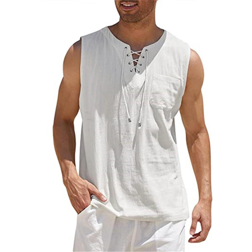 Men's Casual Loose Cotton Linen Shirts  Colour Shirt Blouse Sleeveless Vest Beach Shirts Tops