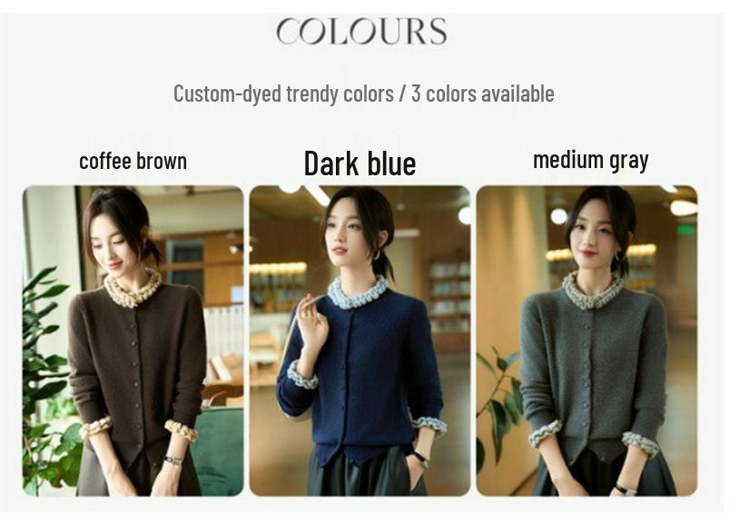 Women's Pure Wool Lace Ruffle Collar Knit Cardigan with Color Block Design