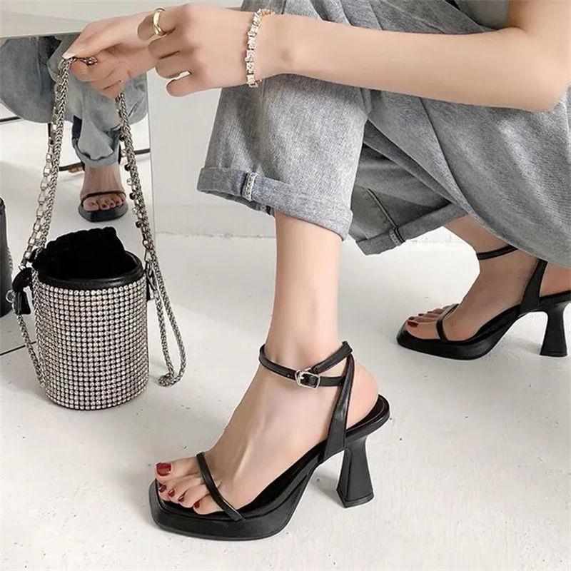 2025 Summer Thick Heel One-word with High Heels Design Sense Niche Super Fire New Waterproof Table Square Head Sandals Women