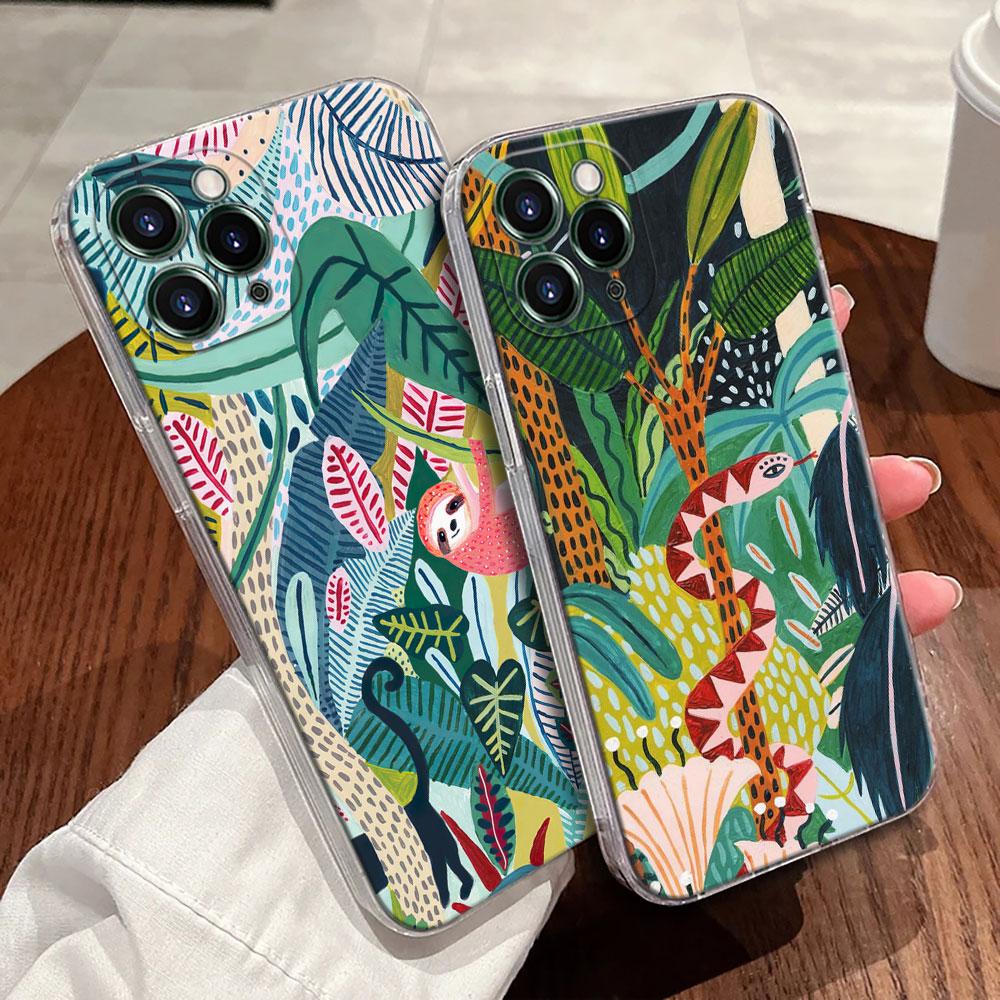 Jungle Art Illustration Snake Cats Sloth Case For Apple iPhone 17 16 15 14 13 12 11 Pro Max 16 Plus 16E 17Air 17Pro Phone Cover