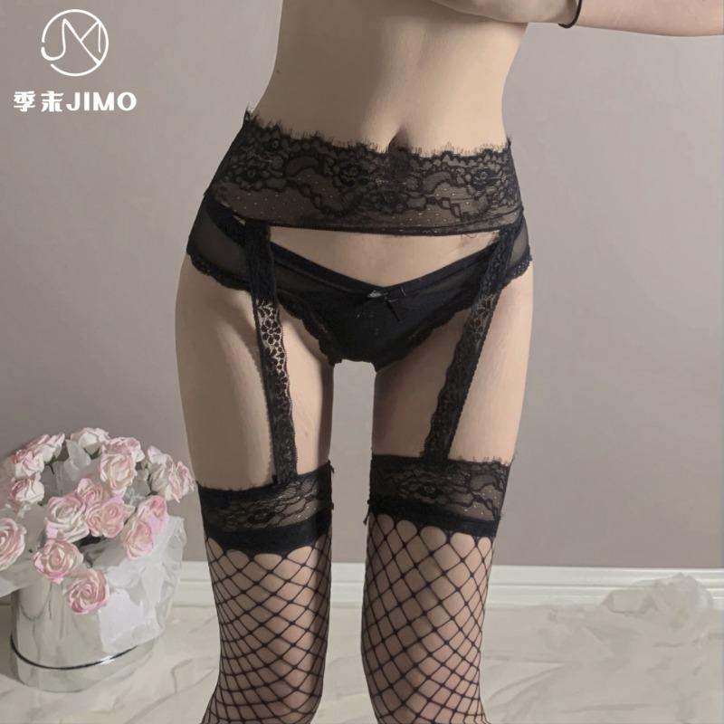 Sexy underwear mesh socks Sexy lace edge free suspender integrated jumpsuit stockings garter belt black silk set