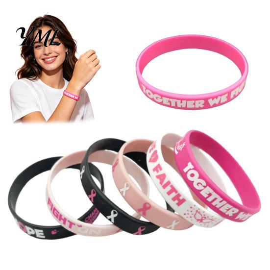 Inspirational Ribbon Bracelets for Support 6 Pcs Breast Cancer Awareness Women, Pink Bracelet Month Silicone Wristbands, Hope Faith Strength