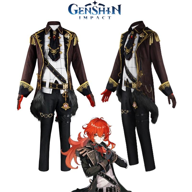 Vynikající Genshin Impact Diluc Cosplay kostým pro muže Halloween Party rekvizity