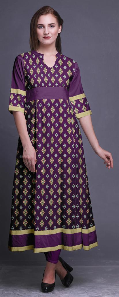 Bimba Gold Leaves & Peony Floral Printed Womens AnarkaliA  KurtiA  Kurta Flared Maxi Blouse