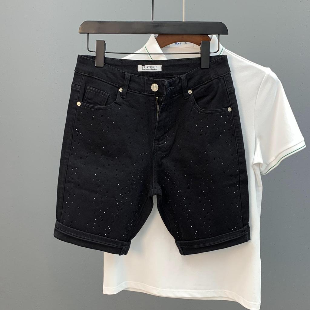 European Station Fashion Full of Hot Diamond Denim Shorts Men's Summer New Youth Trend Brand High Street Casual Five-point Pants