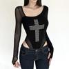 Cross Onesie Spice Girl New Personality Punk Skinny Top Long Sleeve Cusa Splicing Spring and Summer Versatile Hot Diamond