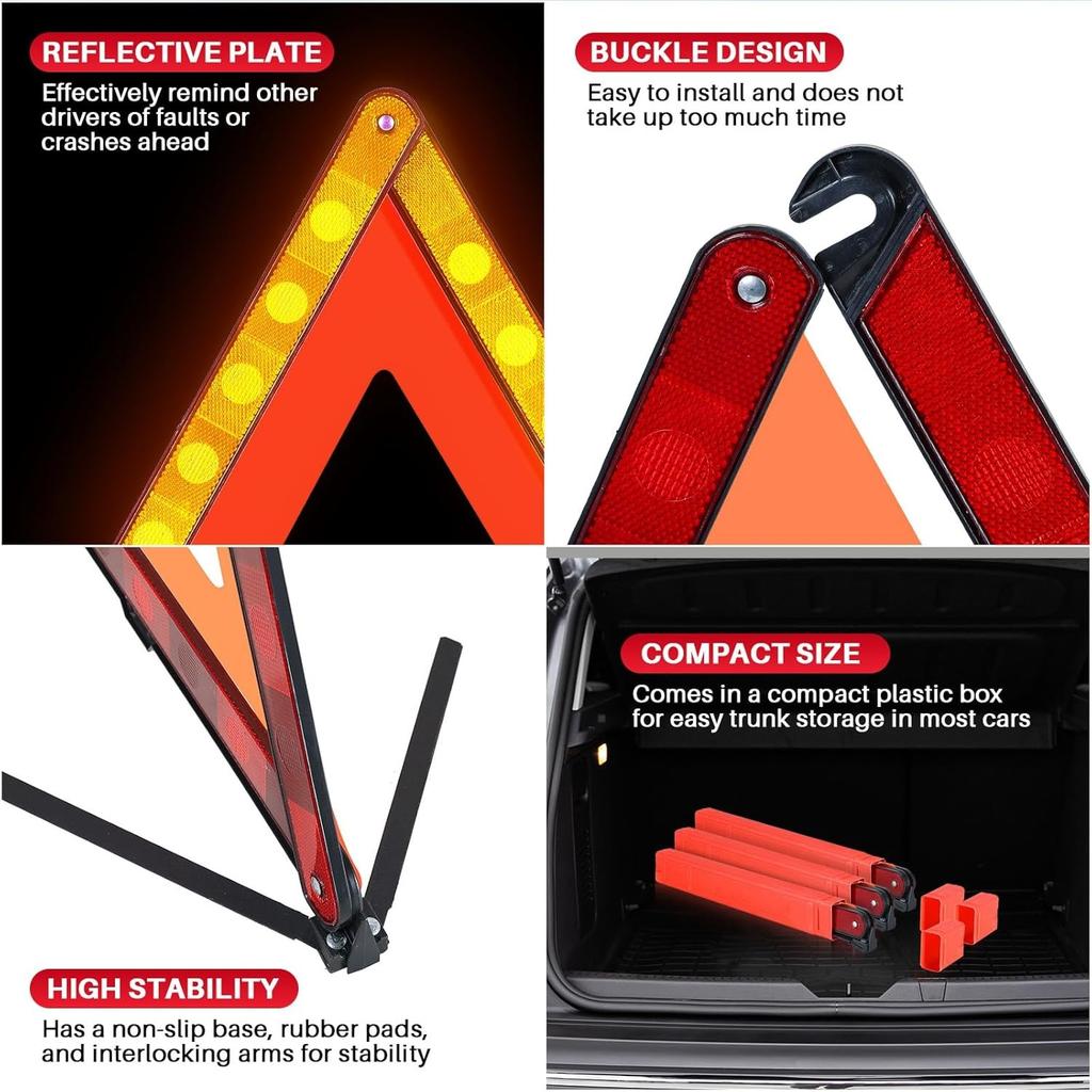 3 Pack Emergency Warning Triangles, Roadside Safety Triangle with Reinforced