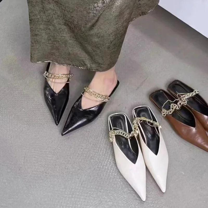 Fashion 2025 Designer Pointed Toe Mirror Silver Leather Slippers Women Crystal Band Summer Shoes Outdoor Slides Low Heel Mules Sandals