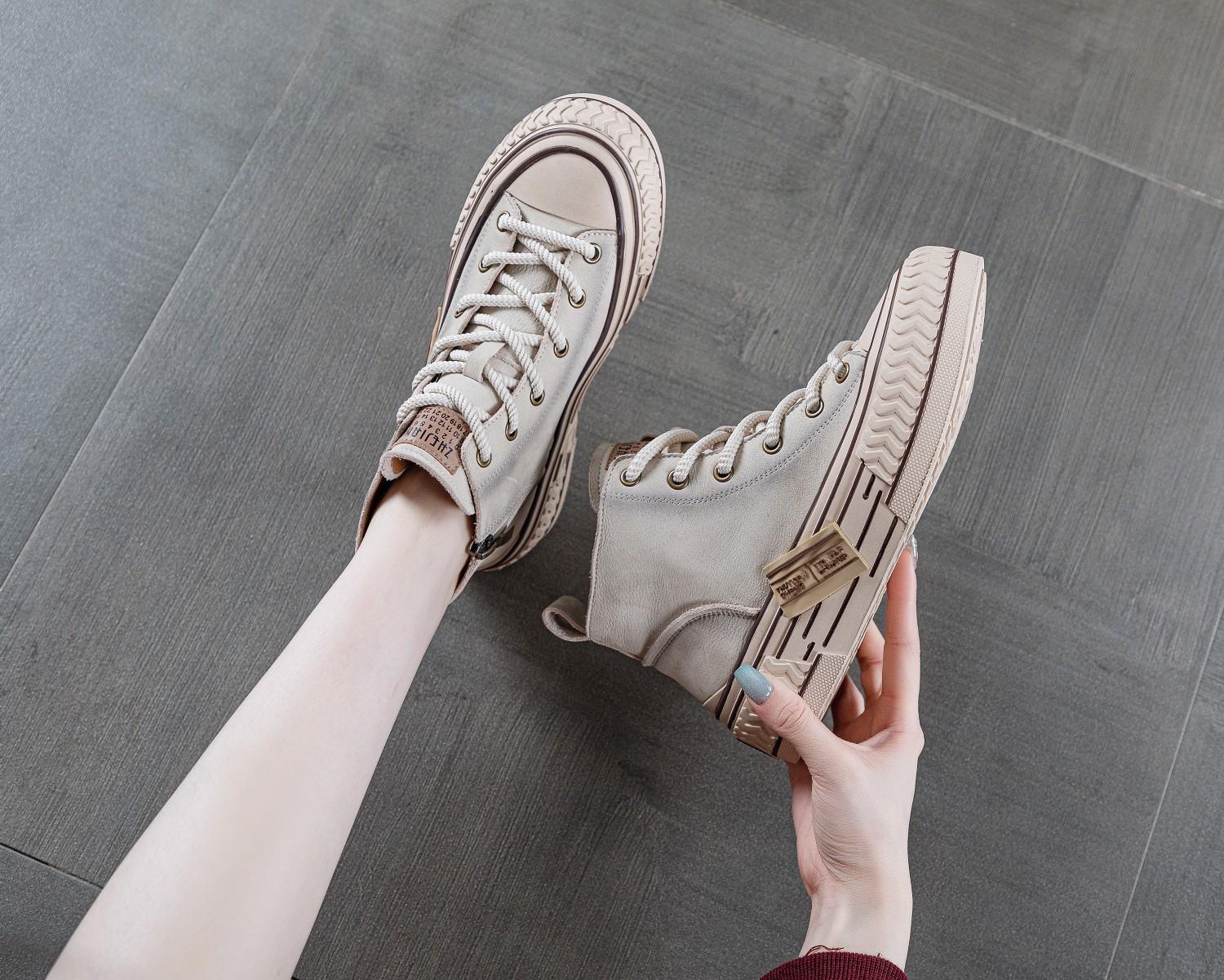 

Ретро ручной работы из первого слоя коровьей кожи на молнии высокие кеды маленькие белые туфли женские 2025 новые весенне-осенние универсальные кожаные повседневные кеды 40 бежевый