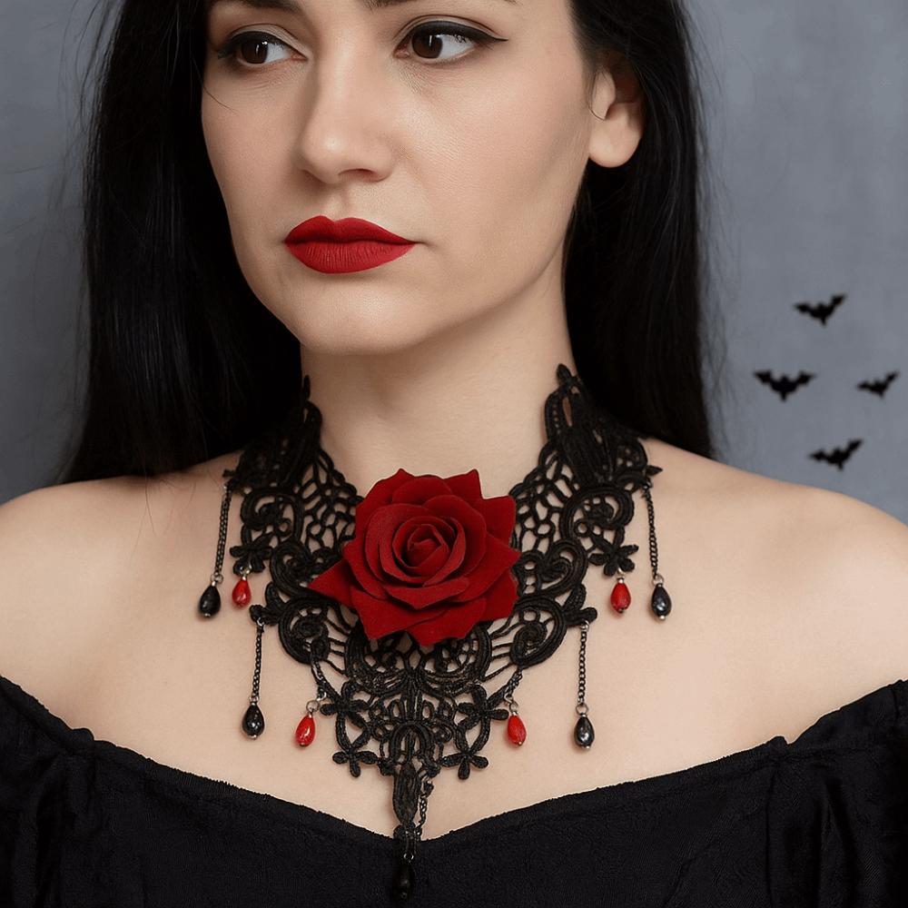Exaggerated Halloween Necklace Punk Style Gothic Earrings Cool Lace Flower Jewelry Set  Festival