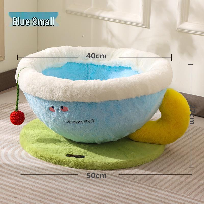 All-Season Semi-Closed Cat Bed: Warm Winter Nest with Cozy Coffee Cup Design