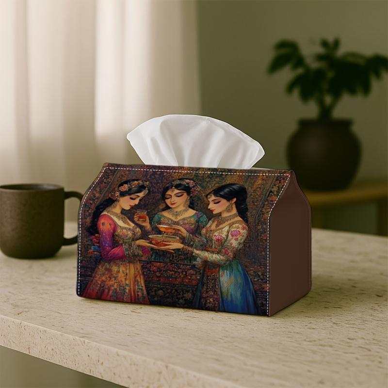 1pc Traditional Art Scene Tissue Box - Multi-functional Napkin Dispenser, Made of Durable Polyester, Decorated with Eastern Women Tea Ceremony, Suitab