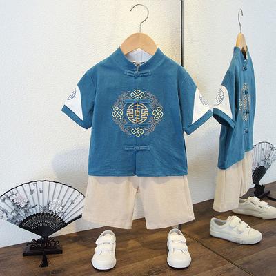 Hanfu pro chlapce Letní čínský styl Bavlněný a lněný krátkorukávový oblek Dětský Tang oblek Dvoudílná sada pro týdenní představení národního starověkého kostýmu