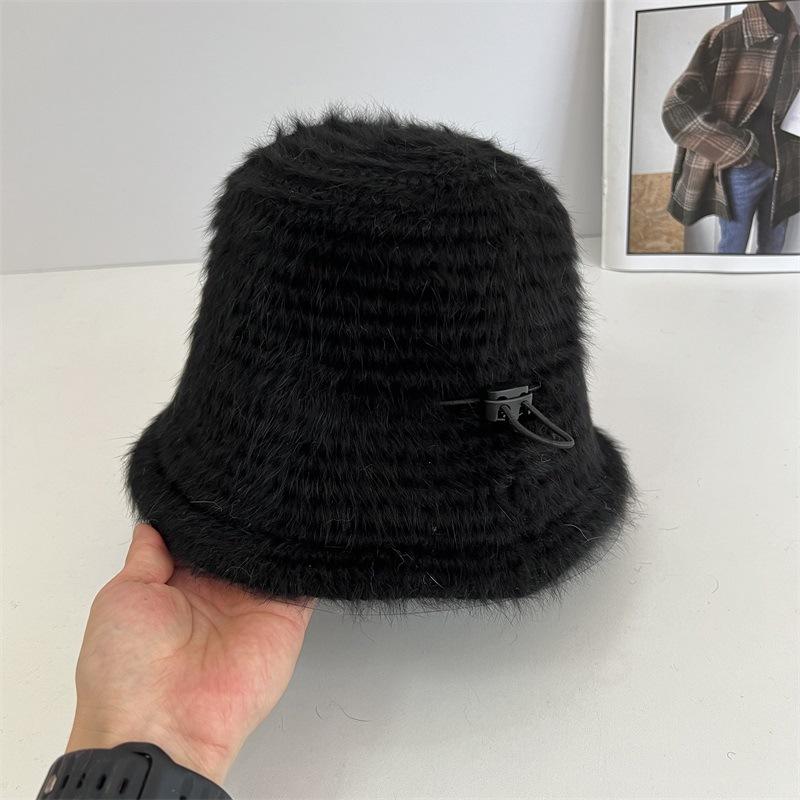 New Autumn and Winter Plush Fisherman's Hat Children Show Their Faces Small Knitted Bucket Hat Fluffy Ear Protector Drawstring Warm Basin Hat