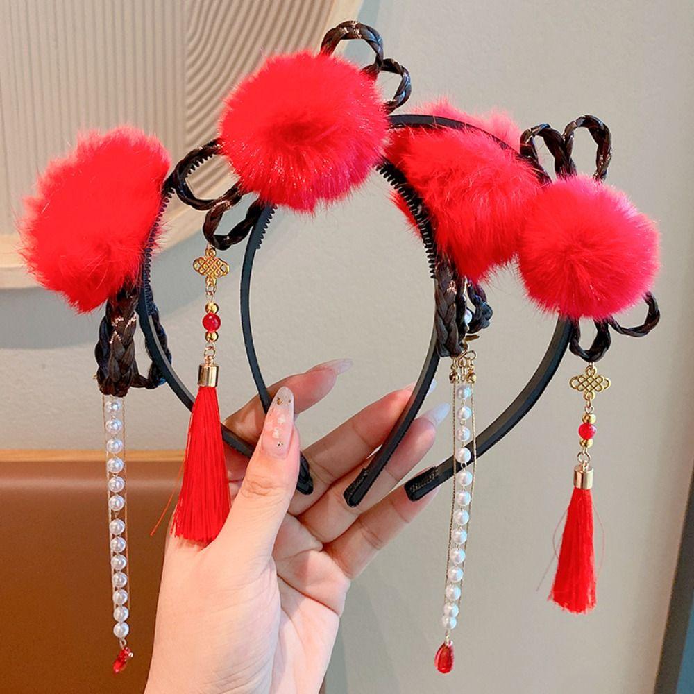 

Tassel Children Wig Headband Flower Red Bow Hairband All-match Hanfu Hair Sticks Girls