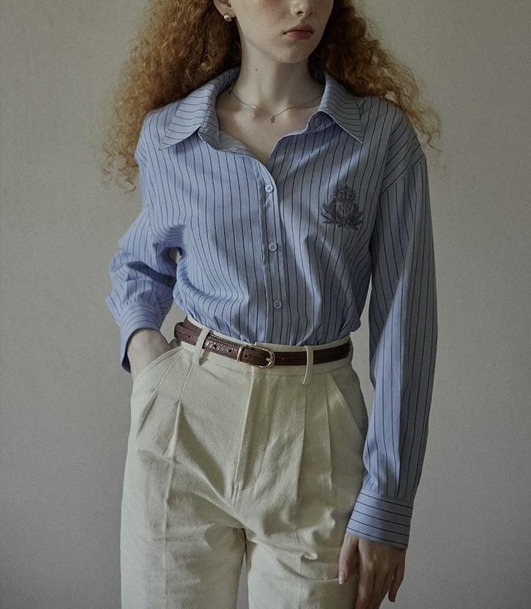 Женская французская ретро-синяя стерео-полосатая рубашка - Топ для поездок на работу на раннюю весну Small