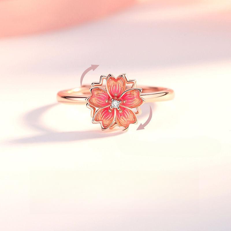 Turn Peach Blossom Ring Female Niche Design High-end Sense New Chinese Style Sansheng III Rotating Ring To Send Girlfriend Jewelry