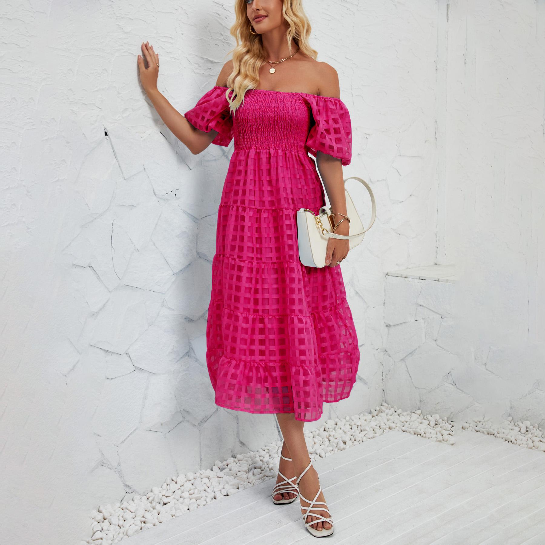 

Летнее женское модное однотонное плиссированное платье длиной до щиколотки с короткими рукавами XL розы красного