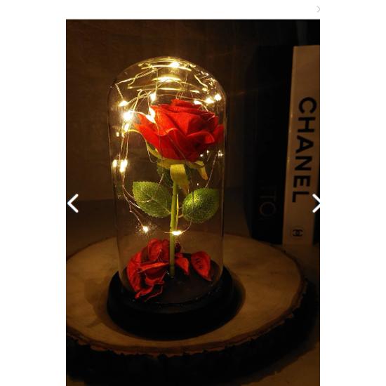 Wróżka Podświetlana diodami LED, blaknąca czerwona róża w szklanym słoju i naszyjniku pokrytym różowym złotem