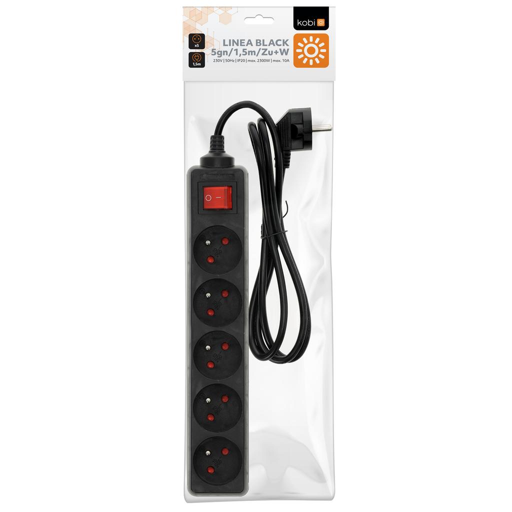 Extension Cord Strip, 5 Sockets, 1.5 , with Grounding and Switch, Black