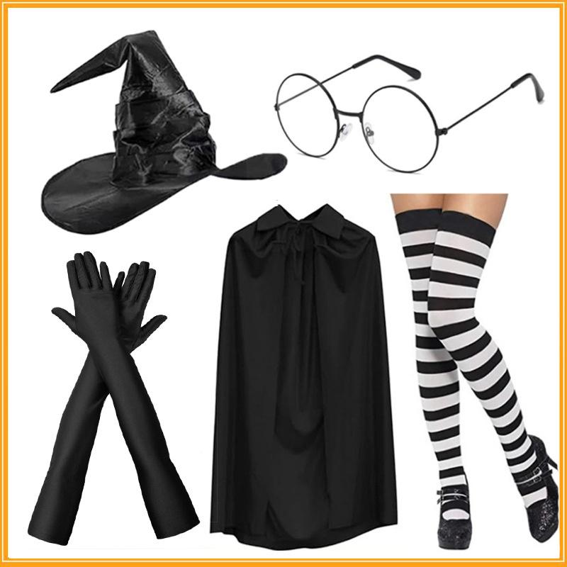 Halloween Green Witch Costume Set With Claw Gloves Striped Socks Wizard Hat Cloak And Round Glasses For Party Cosplay