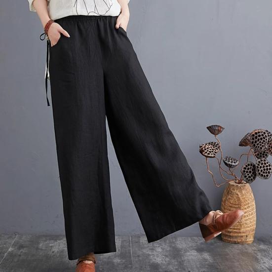 Women Pants Elastic Waistband Adjustable Drawstring Wide Leg Long Pants with Pockets Pure Color Leisure Trousers Summer Travel Work Wear