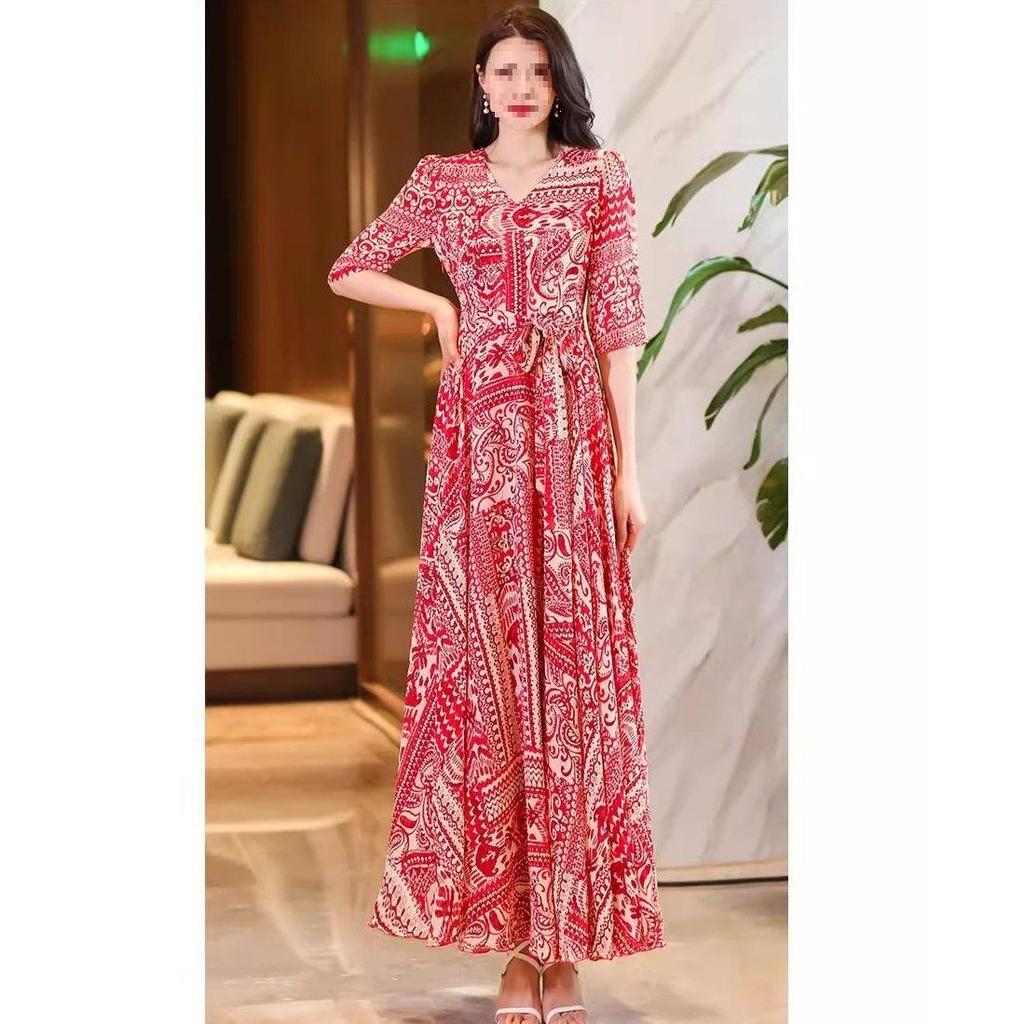 Women's Summer Holiday Dress, Five-Sleeve, Mid-Waist, Commuting, Printed, Slimming, Flared Long Skirt