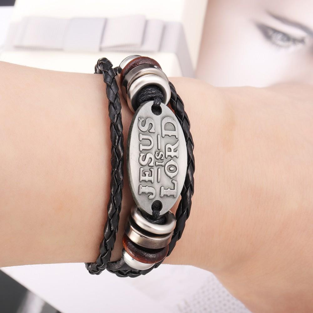 New Multi-Layer Leather Woven Beads Jesus Bracelet Charm Men's Bracelet Fashion Religious Christian Accessories Talisman Jewelry
