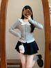 Autumn Winter Slim Spicy Girl Miu Style Gray Polka Dot U-Neck Long Sleeve Two-Piece Look T-Shirt