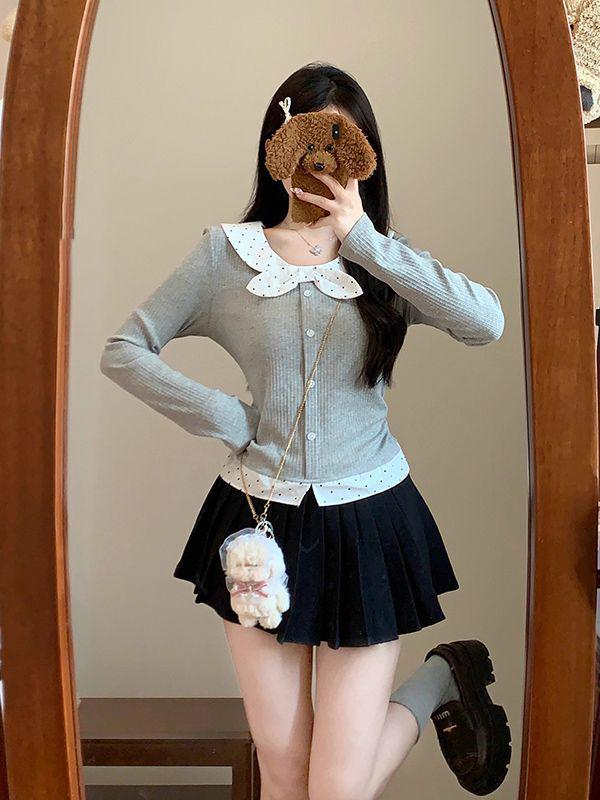 Autumn Winter Slim Spicy Girl Miu Style Gray Polka Dot U-Neck Long Sleeve Two-Piece Look T-Shirt
