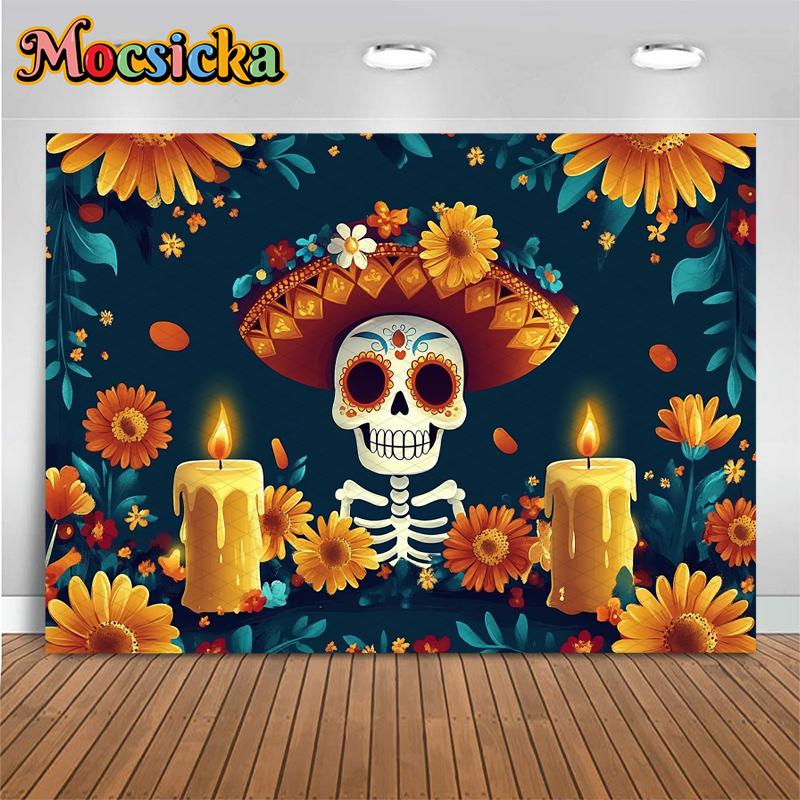 Mocsicka Day Of The Dead Background Photography Art Flower Skull Candle Death Festival Decoration Halloween Party Photo Backdrop