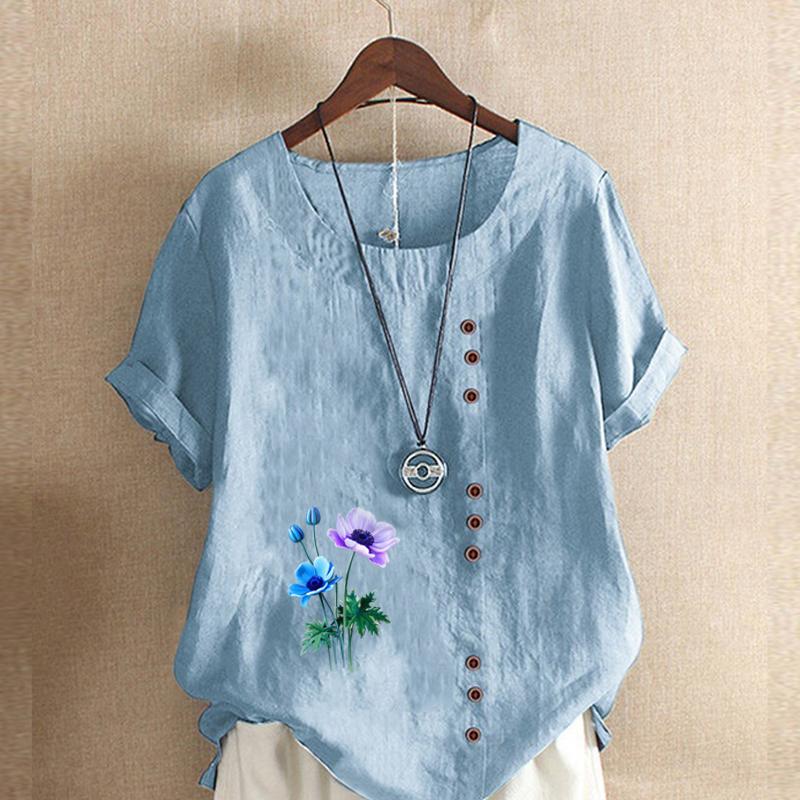 Women's Fashion Round Neck Short Sleeve T-shirt Casual Cotton Linen Graphic Shirt Leisure Loose Flowers Prined Summer Blouse Tops