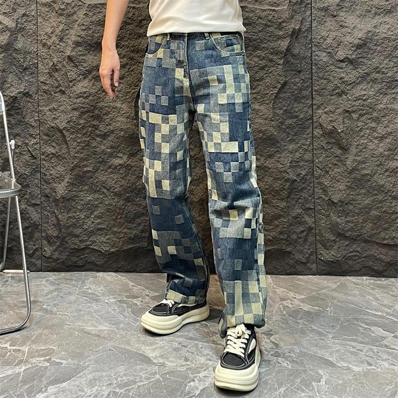 JYL Men's Checkered Jeans Autumn High-Street Straight Loose Wide-Leg Denim Pants